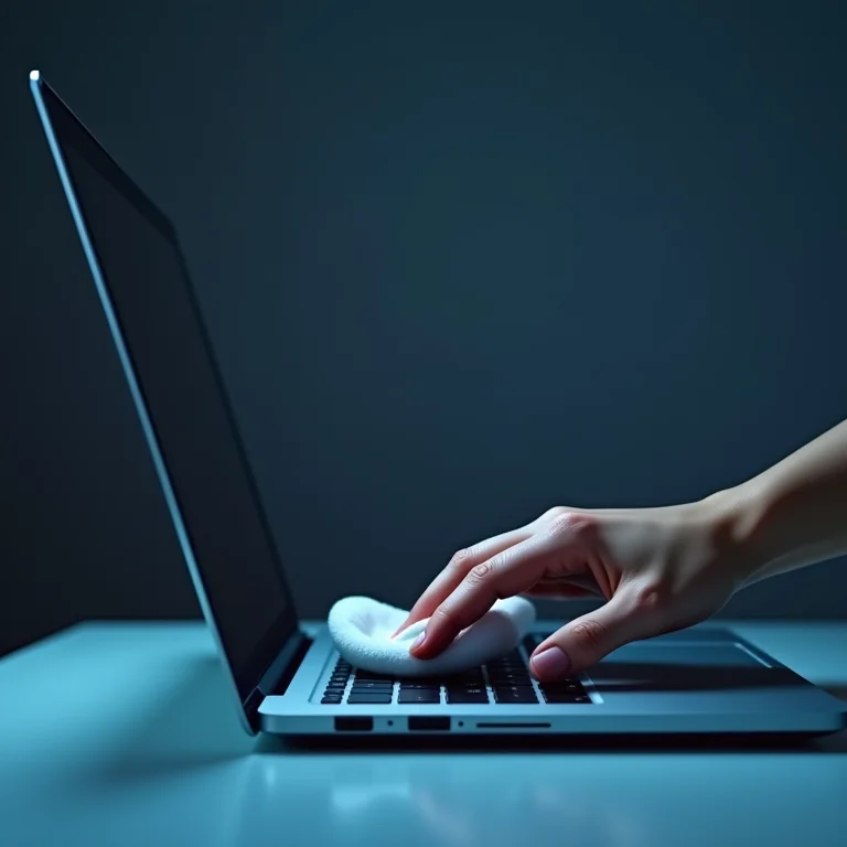 Mão limpando suavemente a tela de um notebook, demonstrando cuidado.