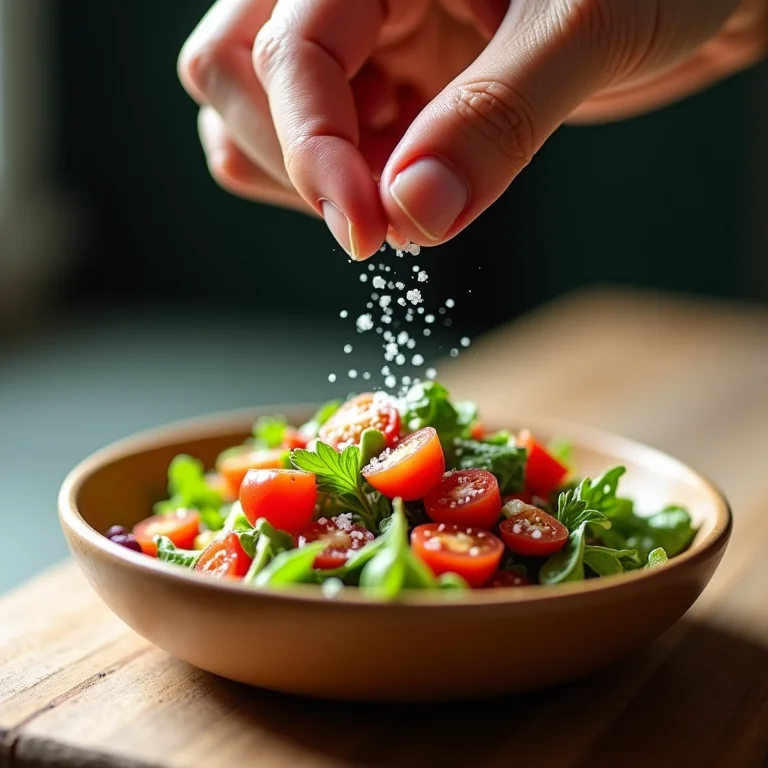 Mão polvilhando sal marinho sobre salada colorida