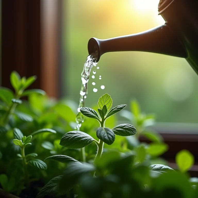 Mão regando delicadamente planta de tempero em vaso.