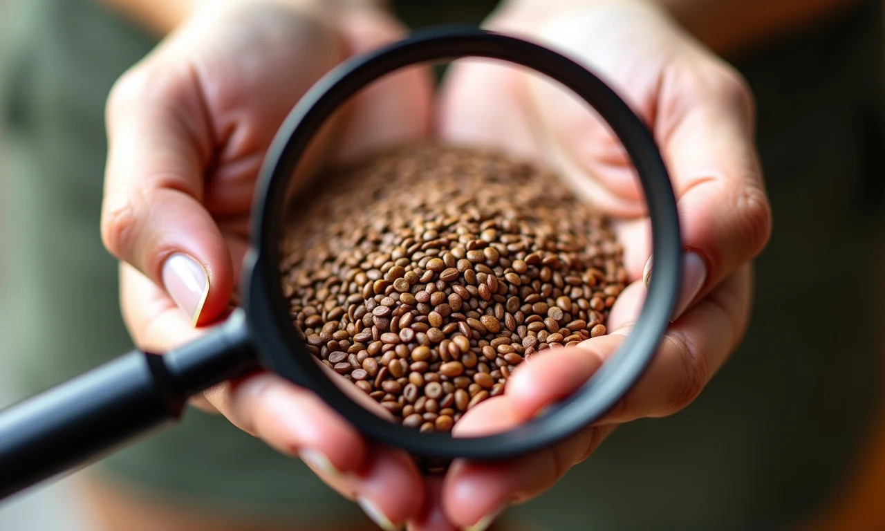 Mão segurando sementes de linhaça com lupa, antinutrientes.