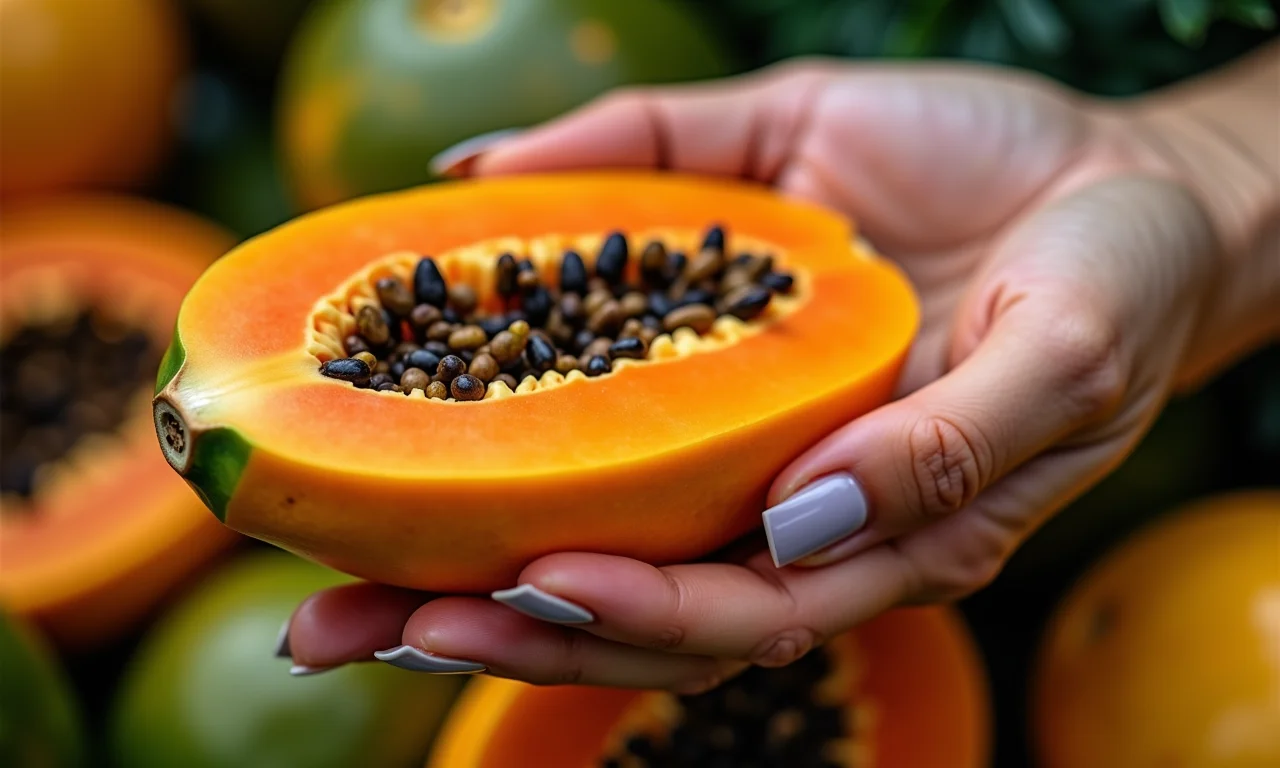 Mão testando a firmeza de um mamão maduro.