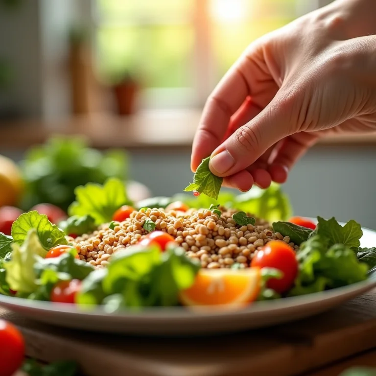 Mãos adicionando grãos a uma salada.