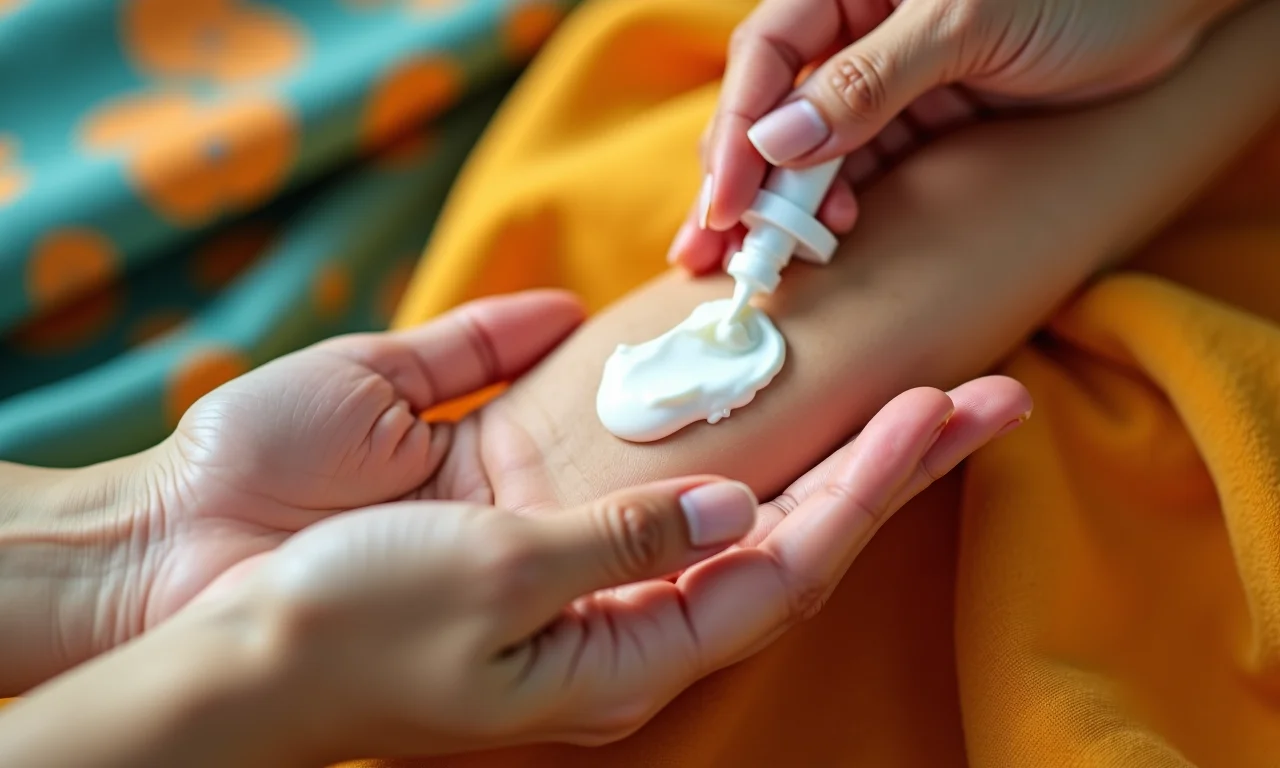 Mãos aplicando creme hidratante na pele seca, com ênfase na hidratação.