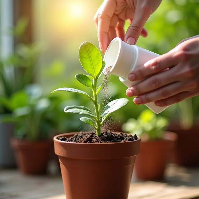 Mãos aplicando cuidadosamente fertilizante em uma planta envasada, enfatizando a importância da nutrição adequada.