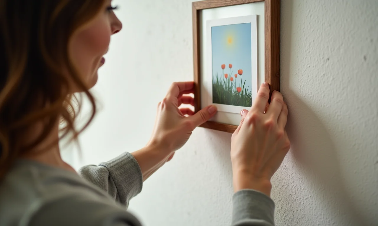 Mãos aplicando fita dupla face em foto para fixar na parede sem furar.