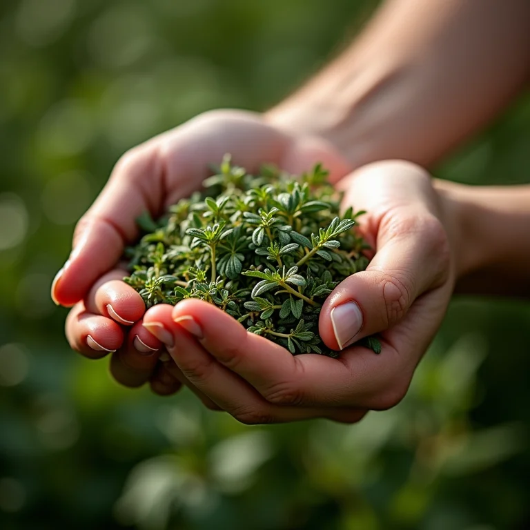 Mãos colhendo orégano grego delicadamente.