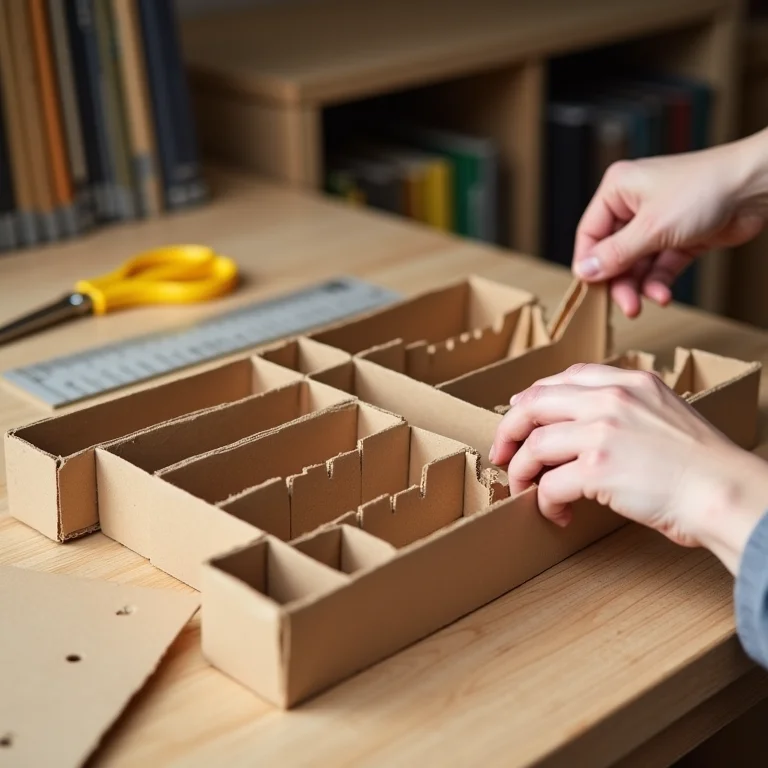 Mãos criando divisórias de papelão.