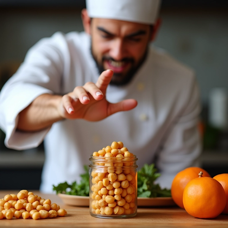 Mãos de chef rejeitando grão de bico enlatado, preferindo grão de bico cru.