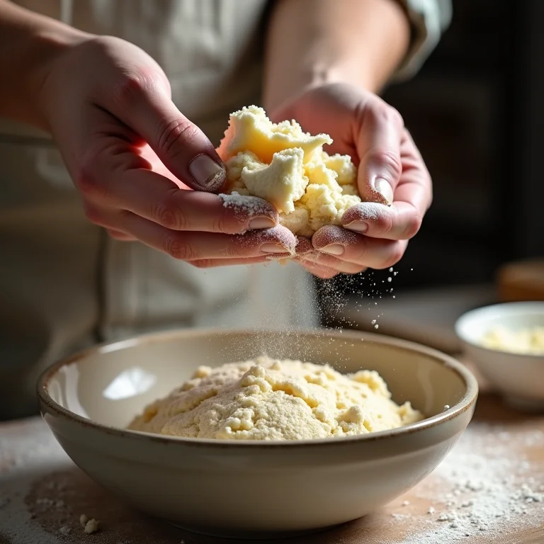 Mãos de padeiro esfarelando fermento fresco.