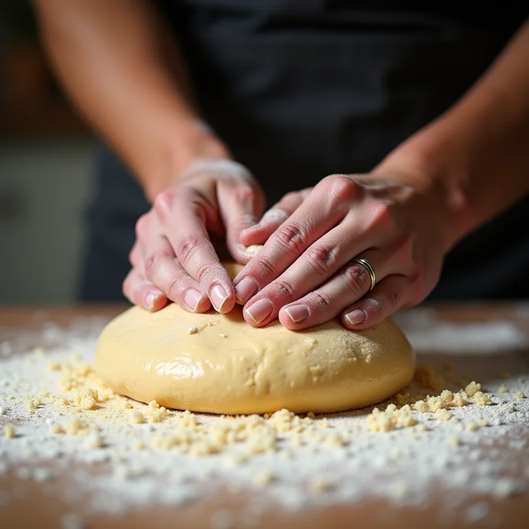 Mãos de um padeiro amassando a massa de quinoa.