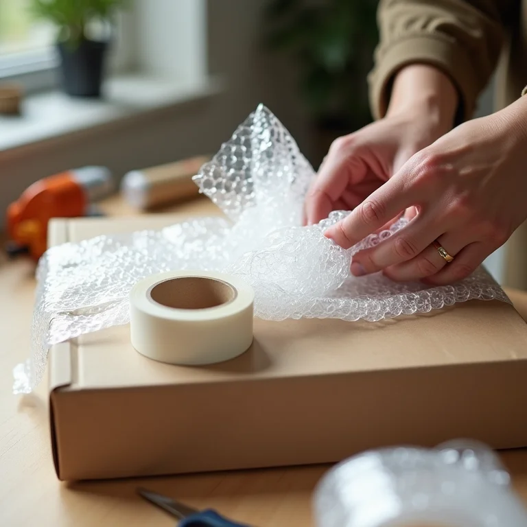 Mãos embalando itens frágeis com plástico bolha