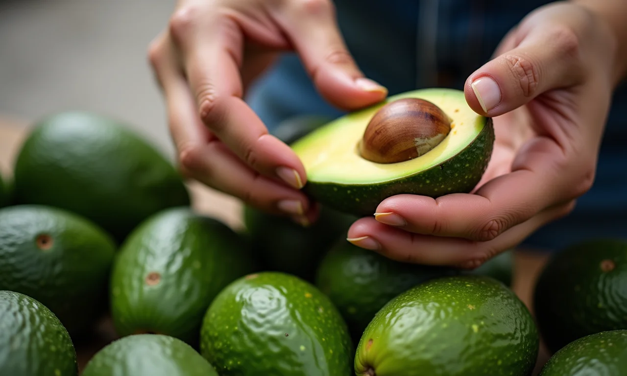 Mãos escolhendo abacate no mercado.