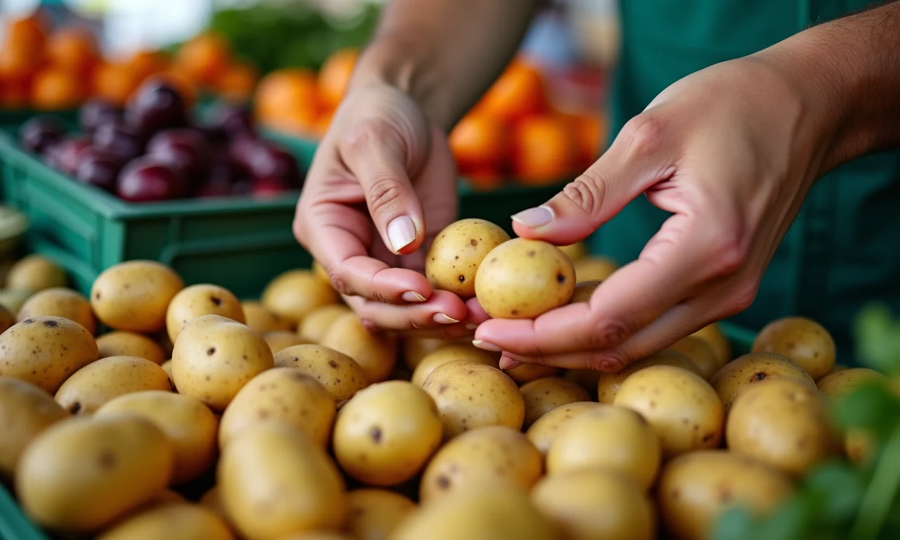 Mãos escolhendo batatas frescas em uma feira livre.
