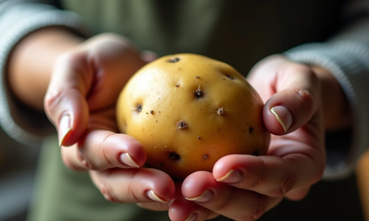 Mãos examinando batata com manchas escuras, um sinal visual de deterioração.