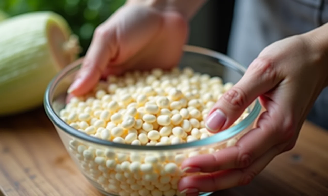 Mãos hidratando milho branco em água numa tigela de vidro.