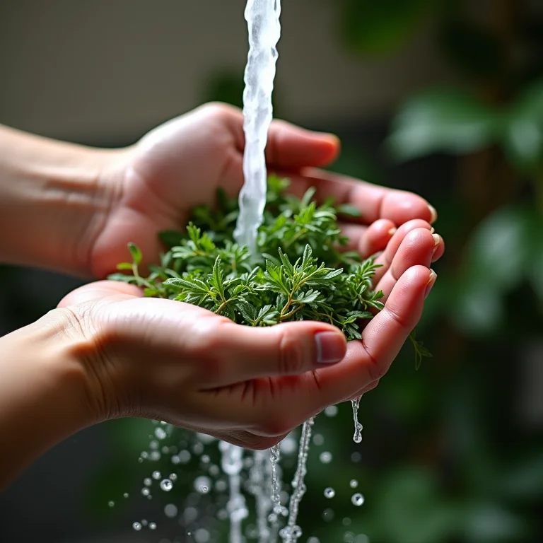 Mãos lavando ervas de Provence frescas.