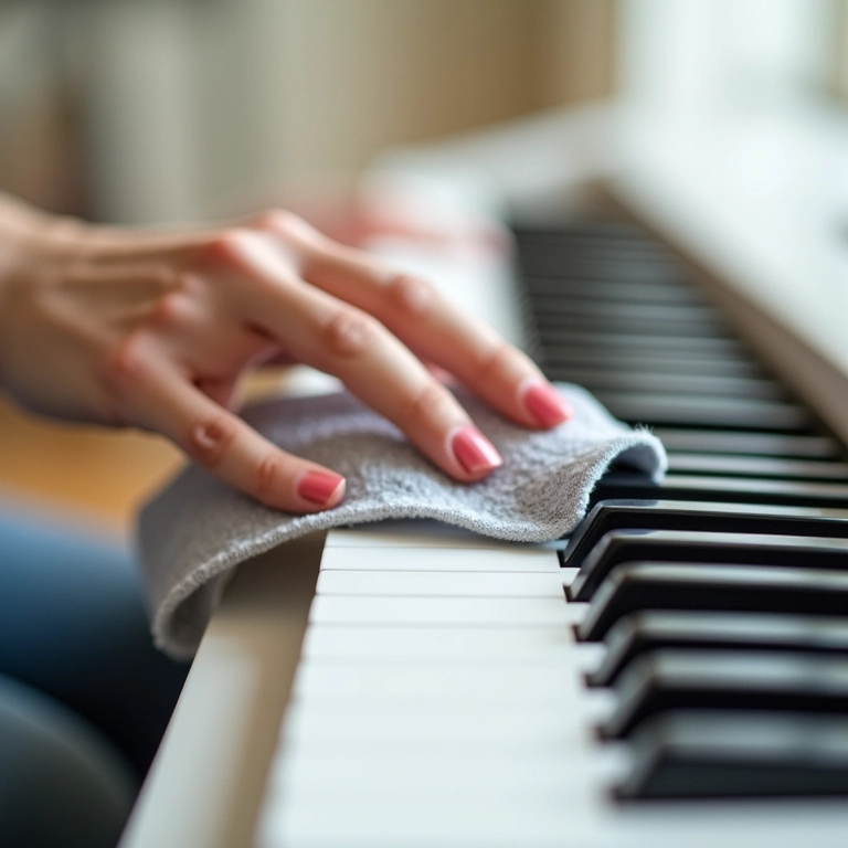 Mãos limpando teclado musical branco com pano de microfibra.