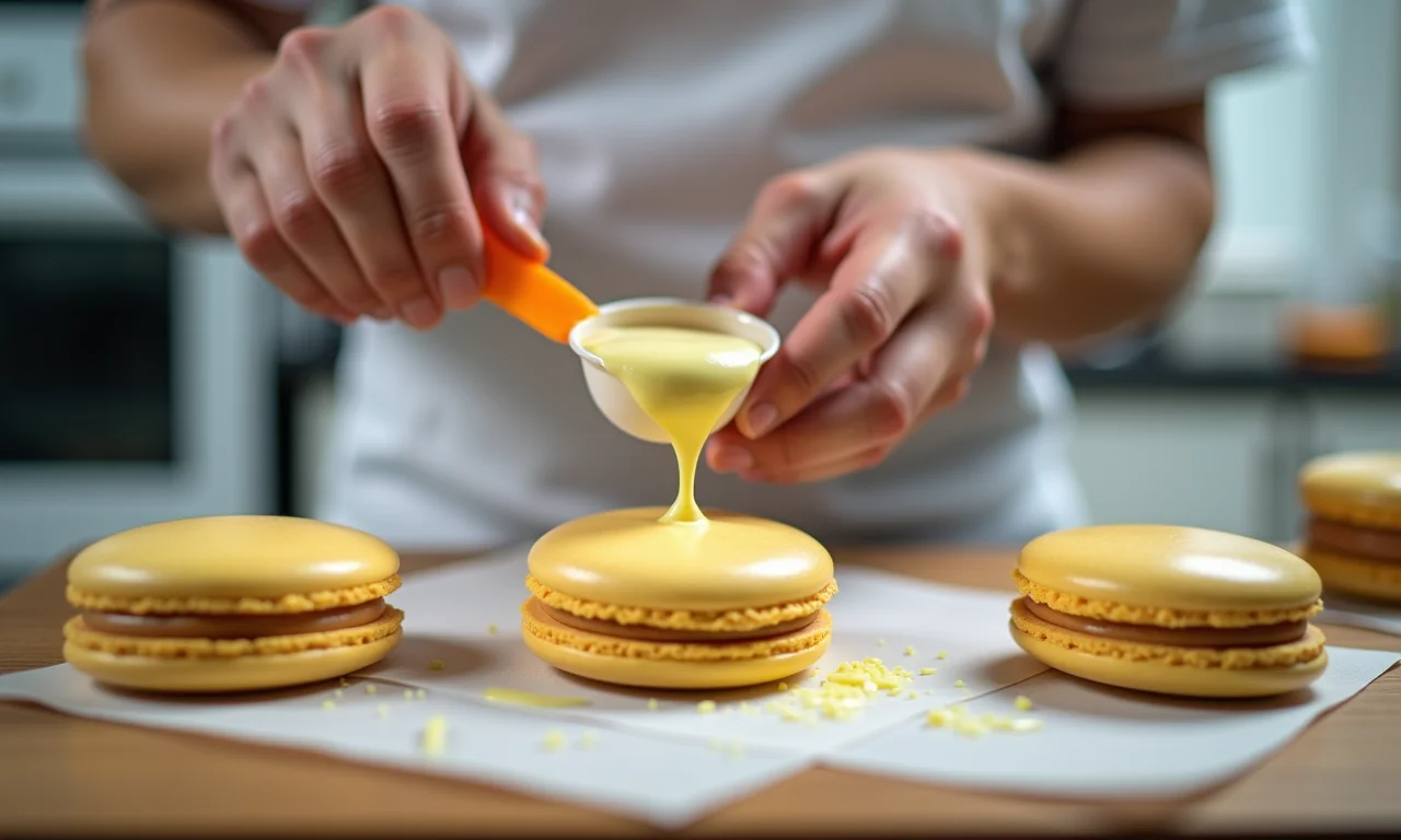 Mãos medindo ingredientes para receita de macaron.