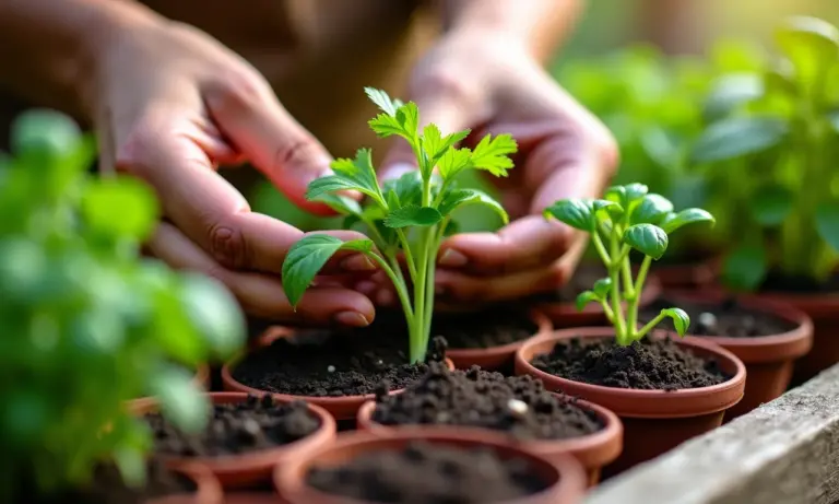 Mãos plantando cheiro-verde em vasos coloridos, horta caseira vibrante.