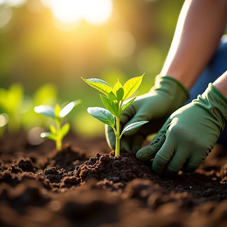 Mãos plantando mudas de Melão-de-São-Caetano