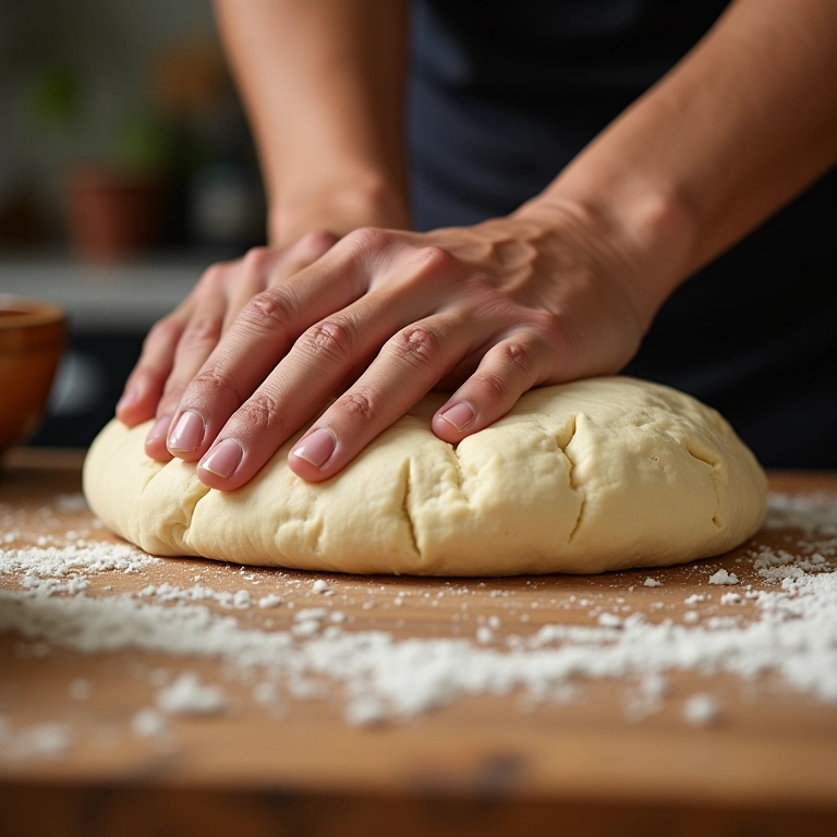 Mãos preparando a massa de arepas em uma superfície de madeira.