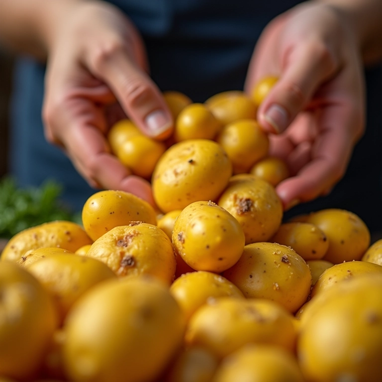 Mãos preparando batatas Asterix em uma cozinha brasileira colorida, enfatizando a importância do preparo.