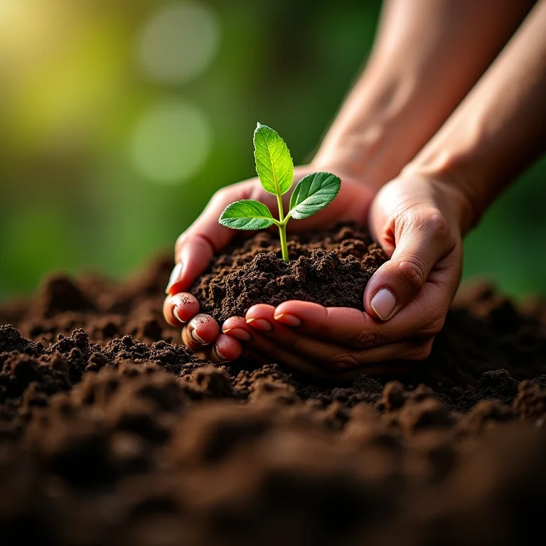 Mãos preparando o solo para o plantio de azedinha