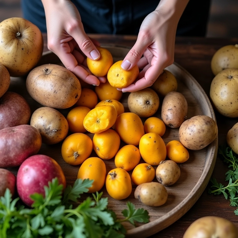Mãos preparando refeição colorida com diferentes tipos de batata, cruas e cozidas.