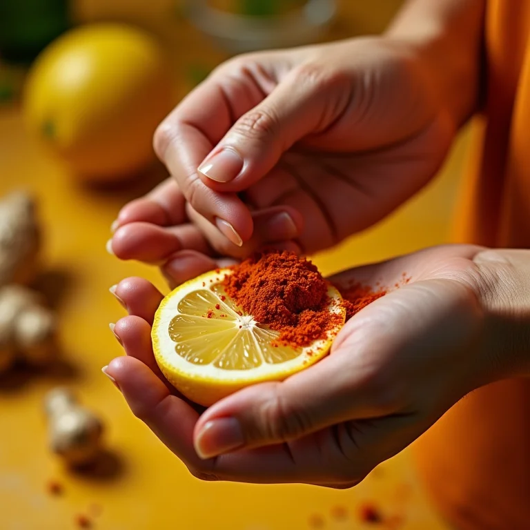 Mãos preparando shot de bem-estar com pimenta caiena, gengibre e limão.