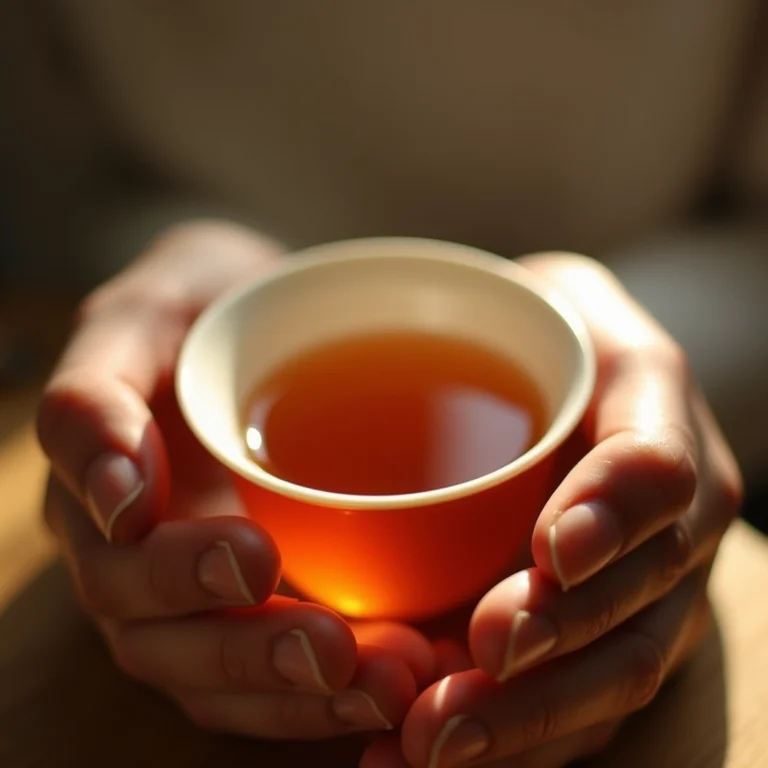 Mãos segurando uma xícara de chá de ulmeira