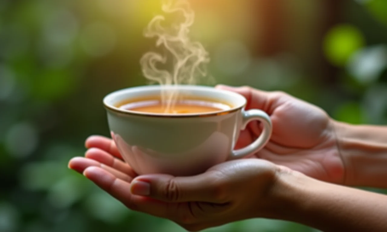 Mãos segurando xícara de chá em jardim tranquilo.