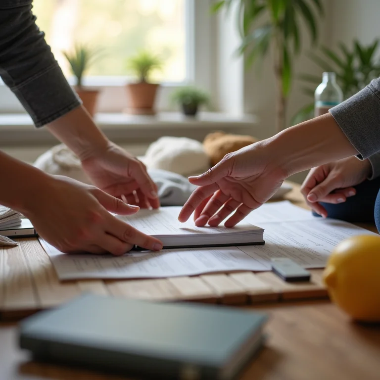 Mãos separando pertences em diferentes categorias.