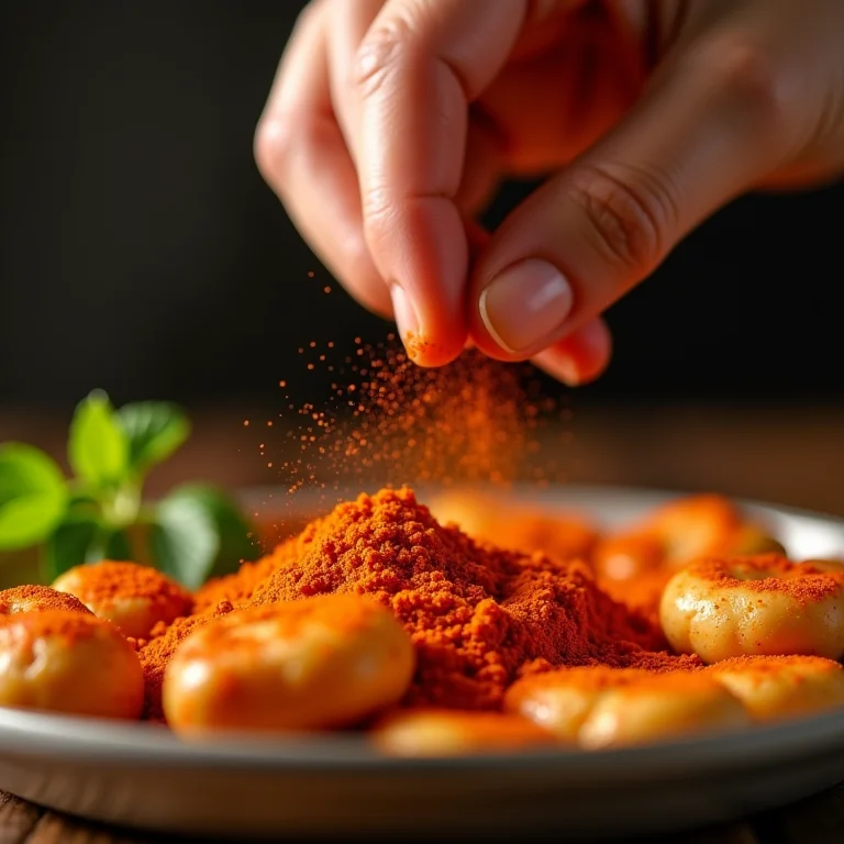 Mãos temperando comida com pó de pimenta caiena.