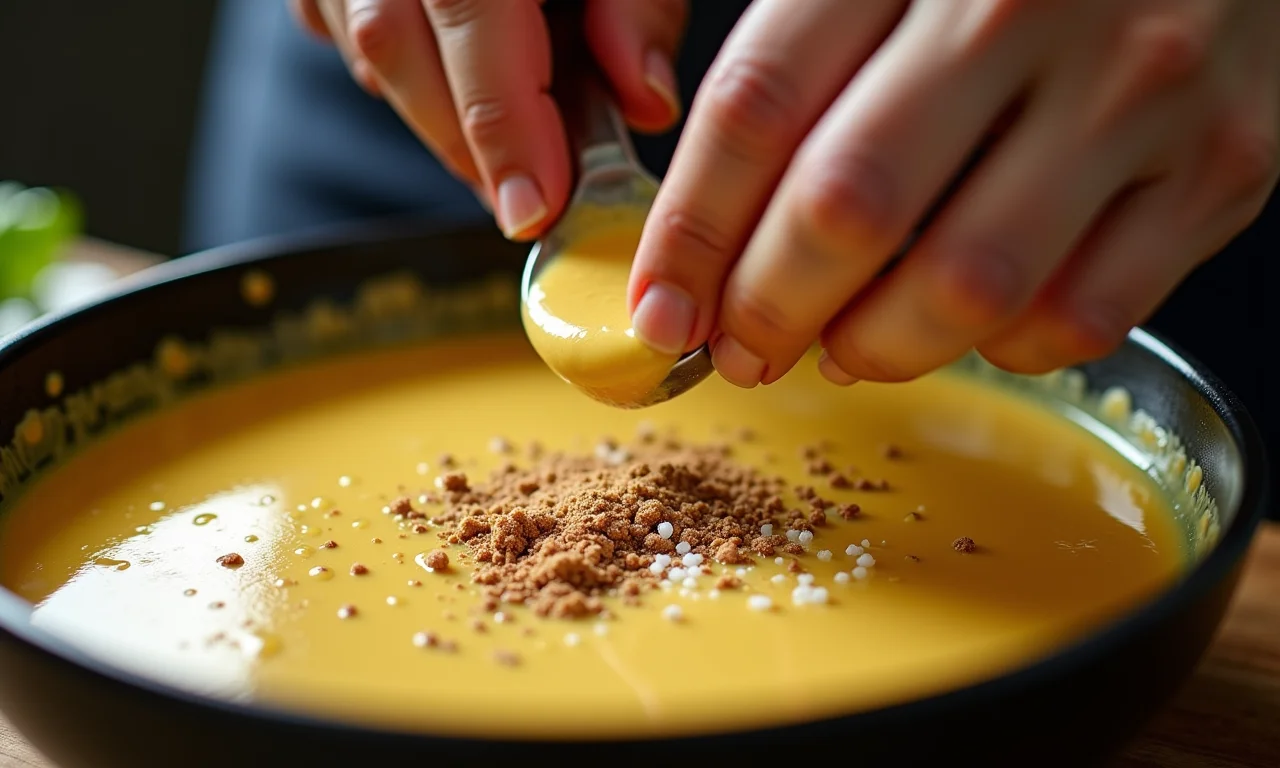 Mãos temperando o molho bechamel com noz-moscada, pimenta e sal.