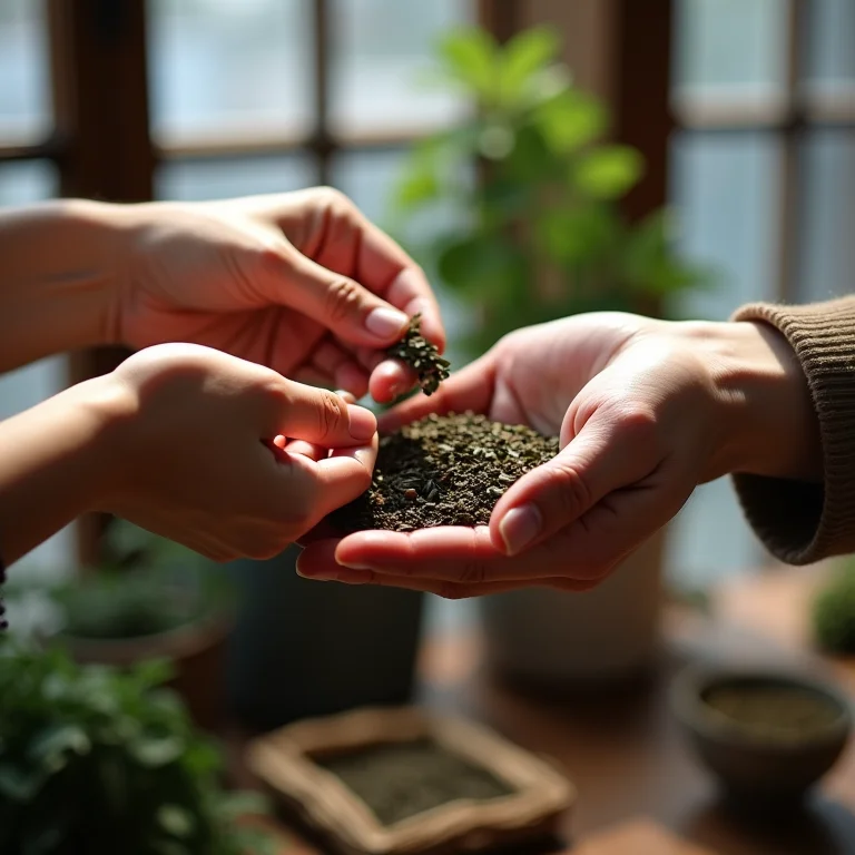 Mãos trocando folhas de chá em mercado de produtores locais