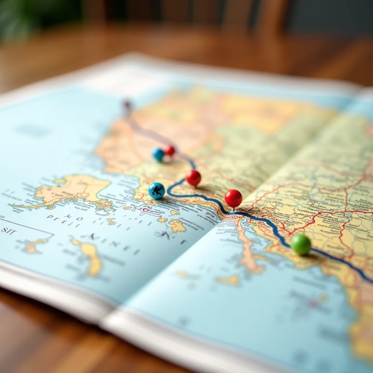 Mapa detalhado com rota de road trip marcada, enfatizando o planejamento da viagem