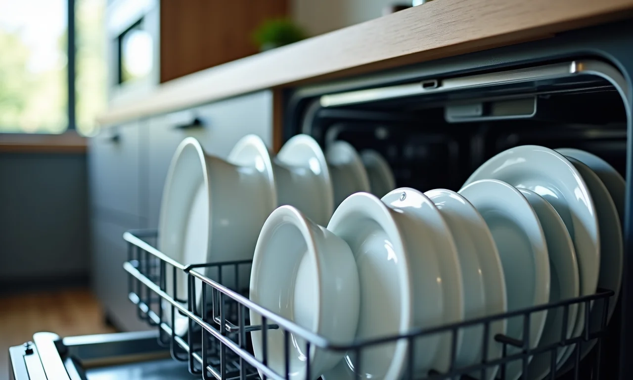 Máquina de lavar louça cheia, programada no modo econômico.