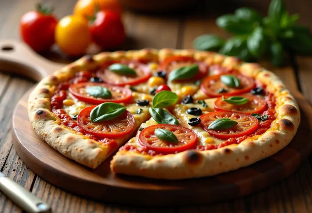 Massa de pizza com aveia crocante em uma mesa rústica