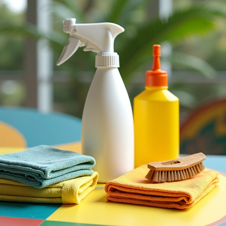 Materiais de limpeza organizados para teclado musical.