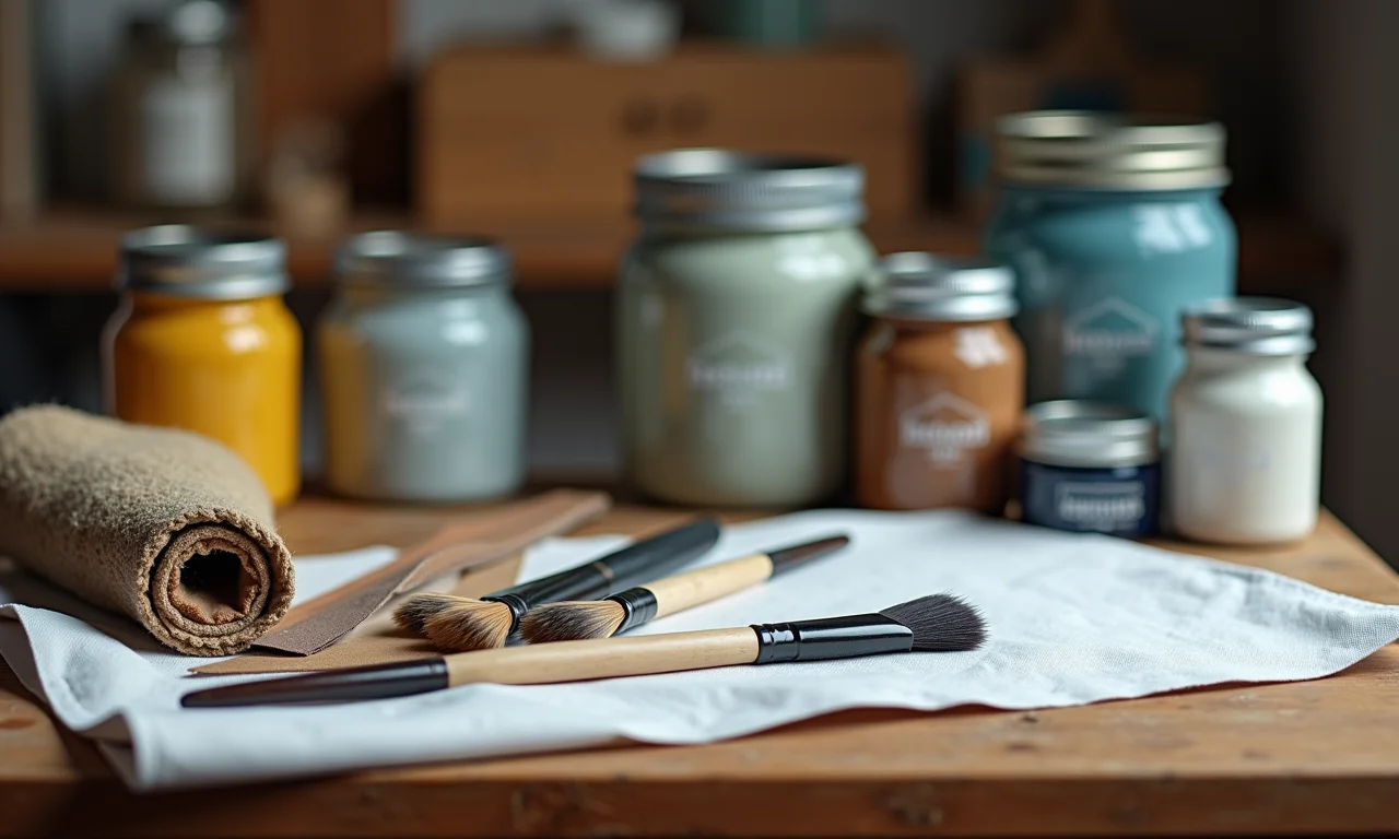 Materiais essenciais para pintura de móveis organizados em uma mesa.