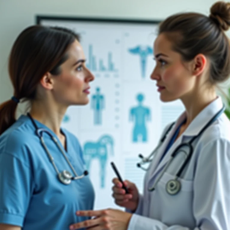 Médica e paciente discutindo saúde ocular com gráficos de olhos ao fundo