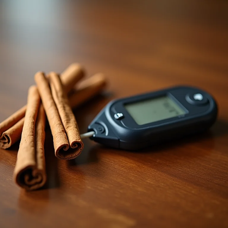 Medidor de glicose ao lado de canela em pau.