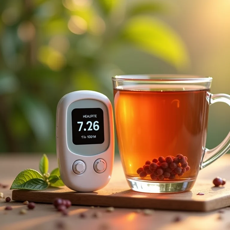Medidor de glicose ao lado do chá de amora mostrando nível saudável
