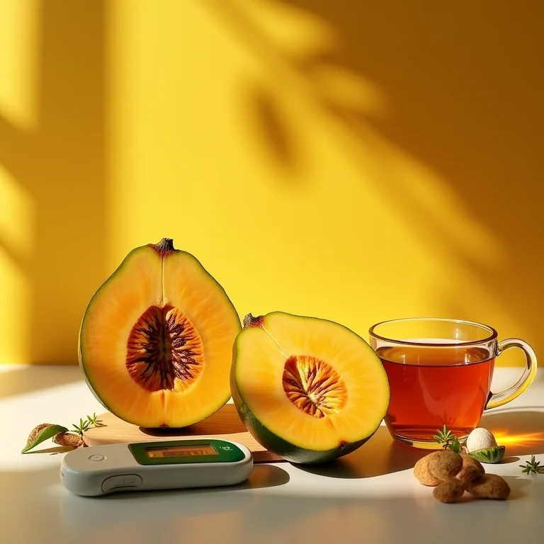 Melão-de-São-Caetano fatiado com medidor de glicose