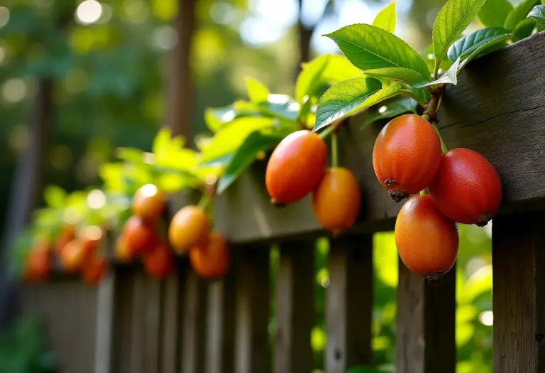 Melão de São Caetano pendurado em uma cerca de madeira, iluminado pelo sol.