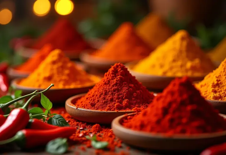 Mercado de especiarias com pimentão em pó.