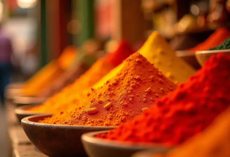Mercado de especiarias vibrante com pimentão em pó em destaque