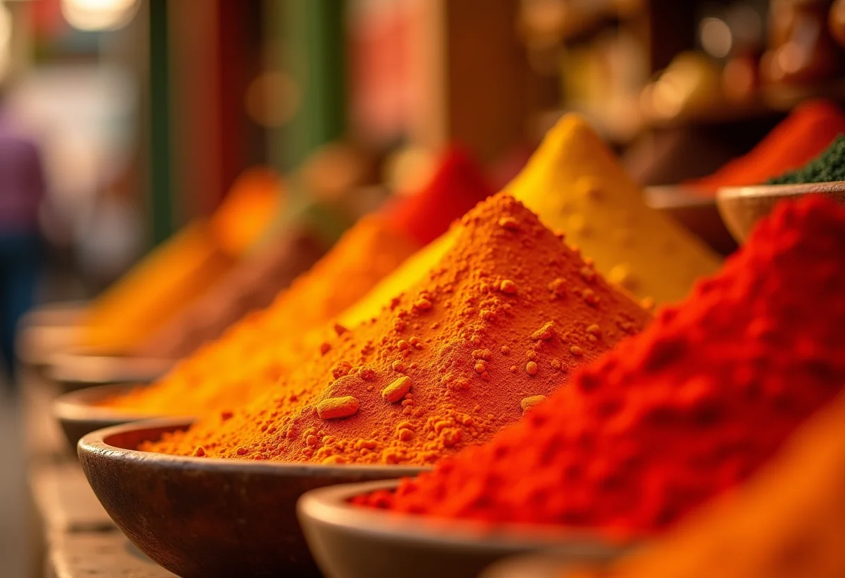 Mercado de especiarias vibrante com pimentão em pó em destaque