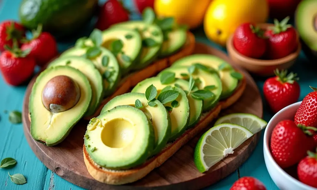 Mesa de café da manhã brasileira com abacate em destaque.