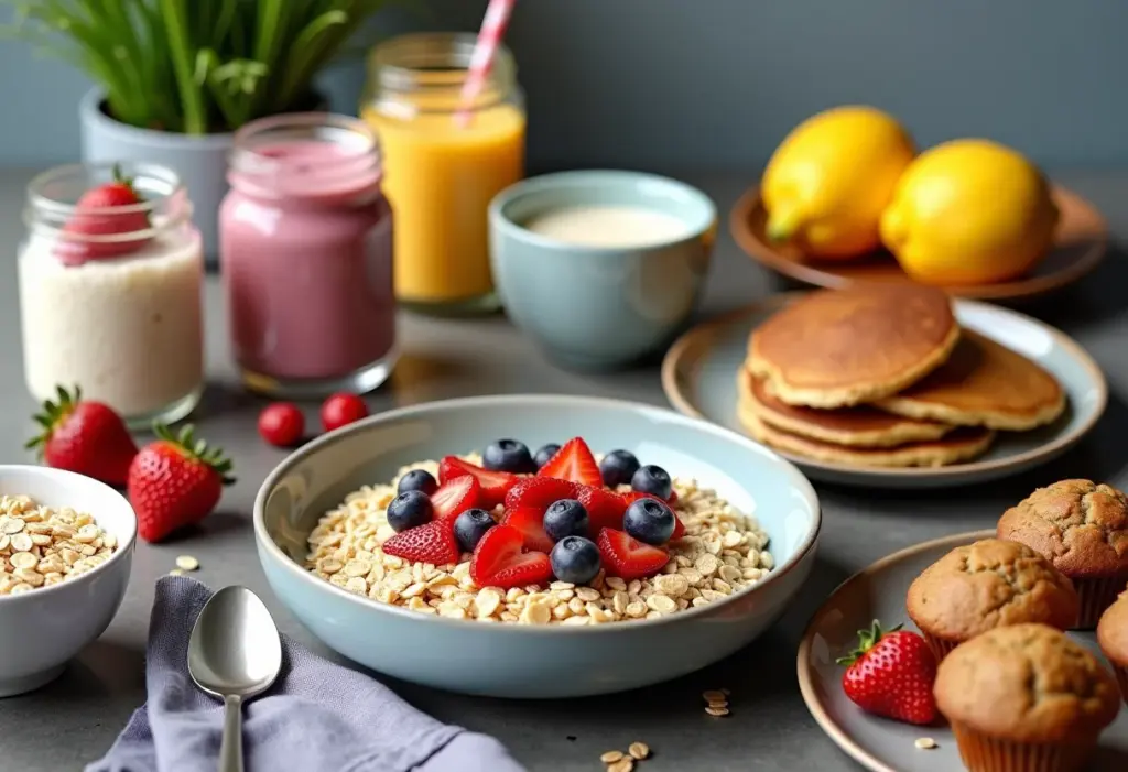 Mesa de café da manhã energético com receitas de aveia